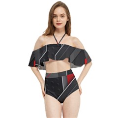 Gamer Tech Black Mesh Red Modern Shape Texture Geometric Pattern Halter Flowy Bikini Set  by Sarkoni
