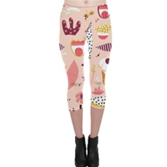 Scandinavian Flat Floral Background Coral Pink White Black Gold Pattern Capri Leggings 