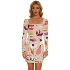 Scandinavian Flat Floral Background Coral Pink White Black Gold Pattern Long Sleeve Square Neck Bodycon Velvet Dress