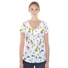 Baby Dino Seamless Pattern Short Sleeve Front Detail Top