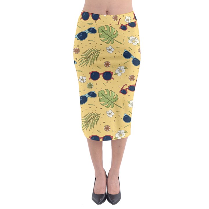 Seamless Pattern Of Sunglasses Tropical Leaves And Flowers Midi Pencil Skirt