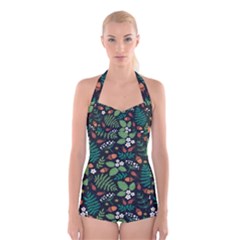 Pattern Forest Leaf Flower Motif Boyleg Halter Swimsuit 