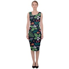 Pattern Forest Leaf Flower Motif Sleeveless Pencil Dress