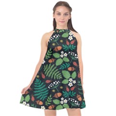 Pattern Forest Leaf Flower Motif Halter Neckline Chiffon Dress 