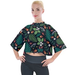 Pattern Forest Leaf Flower Motif Mock Neck T-shirt