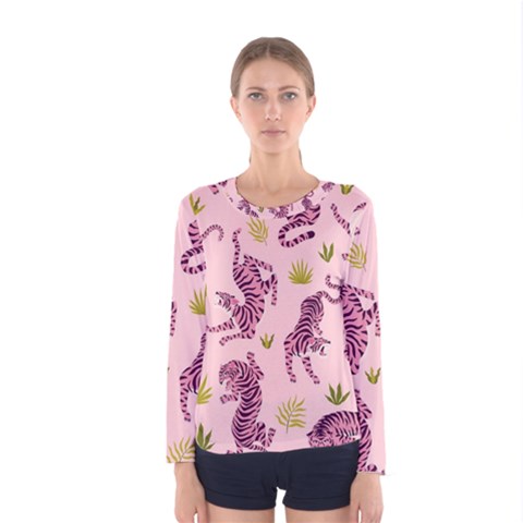 Pink Tigers And Tropical Leaves Patern Women s Long Sleeve T-shirt by Sarkoni