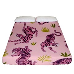 Pink Tigers And Tropical Leaves Patern Fitted Sheet (queen Size)