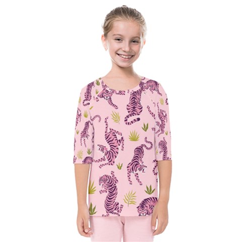 Pink Tigers And Tropical Leaves Patern Kids  Quarter Sleeve Raglan T-shirt by Sarkoni