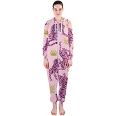 Pink Tigers And Tropical Leaves Patern Hooded Jumpsuit (ladies)