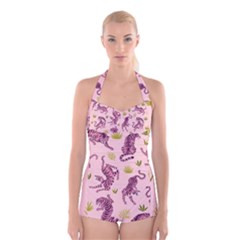 Pink Tigers And Tropical Leaves Patern Boyleg Halter Swimsuit 