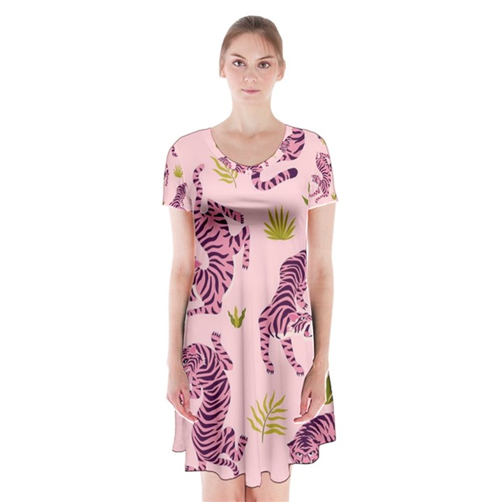 Pink Tigers And Tropical Leaves Patern Short Sleeve V-neck Flare Dress