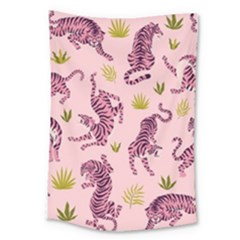 Pink Tigers And Tropical Leaves Patern Large Tapestry