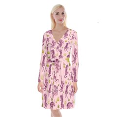 Pink Tigers And Tropical Leaves Patern Long Sleeve Velvet Front Wrap Dress by Sarkoni