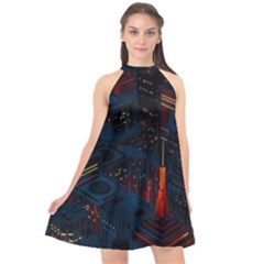 Architecture City Pixel Art Halter Neckline Chiffon Dress 