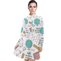 School Subjects And Objects Vector Illustration Seamless Pattern Long Sleeve Chiffon Shirt Dress