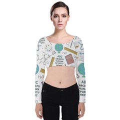 School Subjects And Objects Vector Illustration Seamless Pattern Velvet Long Sleeve Crop Top