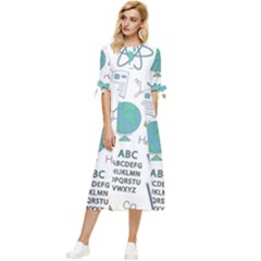 School Subjects And Objects Vector Illustration Seamless Pattern Bow Sleeve Chiffon Midi Dress