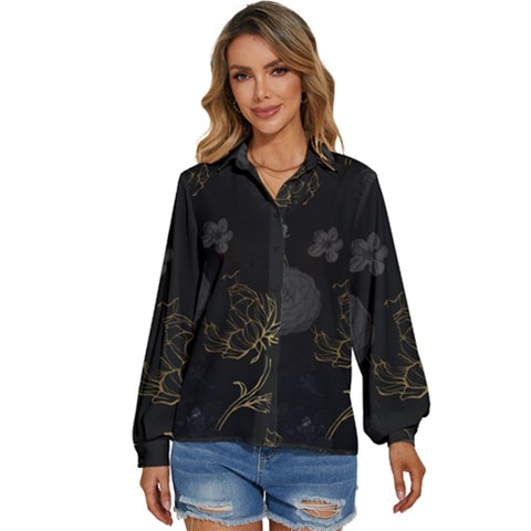 Dark And Gold Flower Patterned Women s Long Sleeve Button Up Shirt by Grandong
