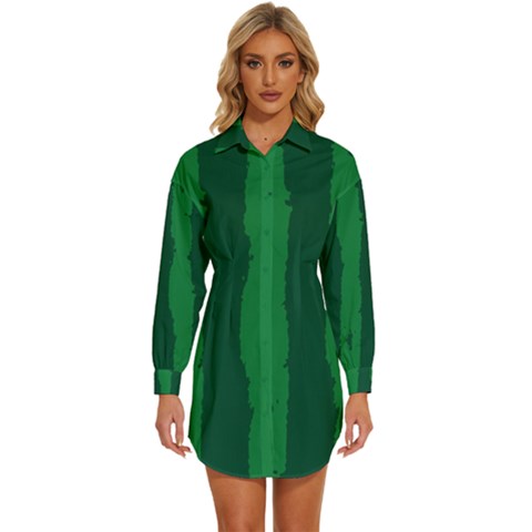 Green Seamless Watermelon Skin Pattern Womens Long Sleeve Shirt Dress by Grandong