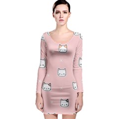 Cute Cat Cartoon Doodle Seamless Pink Pattern Long Sleeve Bodycon Dress