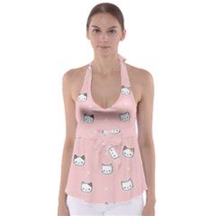 Cute Cat Cartoon Doodle Seamless Pink Pattern Tie Back Tankini Top