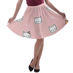 Cute Cat Cartoon Doodle Seamless Pink Pattern A-line Skater Skirt