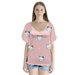 Cute Cat Cartoon Doodle Seamless Pink Pattern V-neck Flutter Sleeve Top by Grandong