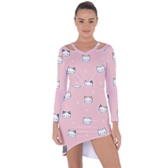 Cute Cat Cartoon Doodle Seamless Pink Pattern Asymmetric Cut-Out Shift Dress