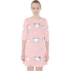 Cute Cat Cartoon Doodle Seamless Pink Pattern Quarter Sleeve Pocket Dress