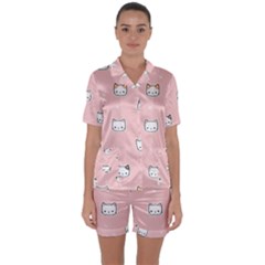 Cute Cat Cartoon Doodle Seamless Pink Pattern Satin Short Sleeve Pajamas Set