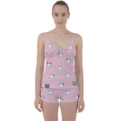 Cute Cat Cartoon Doodle Seamless Pink Pattern Tie Front Two Piece Tankini