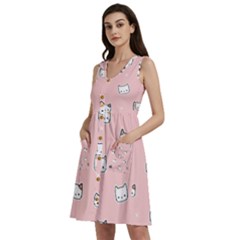 Cute Cat Cartoon Doodle Seamless Pink Pattern Sleeveless Dress With Pocket