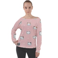 Cute Cat Cartoon Doodle Seamless Pink Pattern Off Shoulder Long Sleeve Velour Top