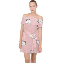 Cute Cat Cartoon Doodle Seamless Pink Pattern Off Shoulder Chiffon Dress