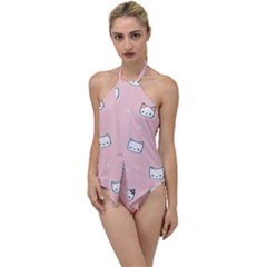 Cute Cat Cartoon Doodle Seamless Pink Pattern Go with the Flow One Piece Swimsuit