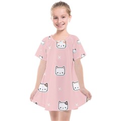 Cute Cat Cartoon Doodle Seamless Pink Pattern Kids  Smock Dress