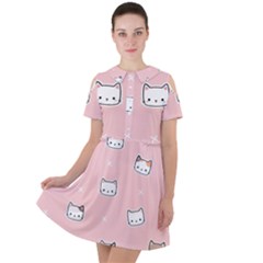 Cute Cat Cartoon Doodle Seamless Pink Pattern Short Sleeve Shoulder Cut Out Dress 