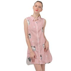 Cute Cat Cartoon Doodle Seamless Pink Pattern Sleeveless Shirt Dress