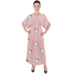 Cute Cat Cartoon Doodle Seamless Pink Pattern V-Neck Boho Style Maxi Dress