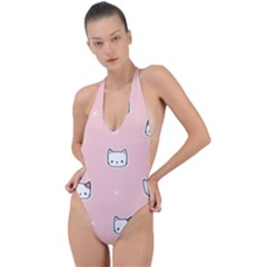 Cute Cat Cartoon Doodle Seamless Pink Pattern Backless Halter One Piece Swimsuit