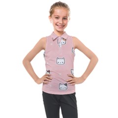 Cute Cat Cartoon Doodle Seamless Pink Pattern Kids  Sleeveless Polo T-Shirt