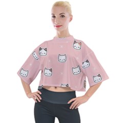 Cute Cat Cartoon Doodle Seamless Pink Pattern Mock Neck T-Shirt