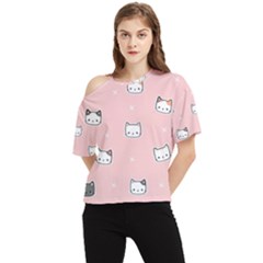 Cute Cat Cartoon Doodle Seamless Pink Pattern One Shoulder Cut Out T-Shirt