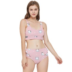 Cute Cat Cartoon Doodle Seamless Pink Pattern Frilly Bikini Set