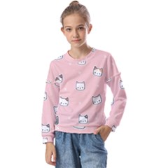 Cute Cat Cartoon Doodle Seamless Pink Pattern Kids  Long Sleeve T-Shirt with Frill 