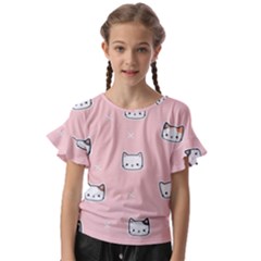 Cute Cat Cartoon Doodle Seamless Pink Pattern Kids  Cut Out Flutter Sleeves