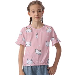 Cute Cat Cartoon Doodle Seamless Pink Pattern Kids  Cuff Sleeve Scrunch Bottom T-Shirt