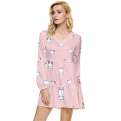 Cute Cat Cartoon Doodle Seamless Pink Pattern Tiered Long Sleeve Mini Dress