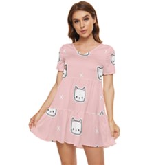 Cute Cat Cartoon Doodle Seamless Pink Pattern Tiered Short Sleeve Babydoll Dress