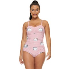 Cute Cat Cartoon Doodle Seamless Pink Pattern Retro Full Coverage Swimsuit